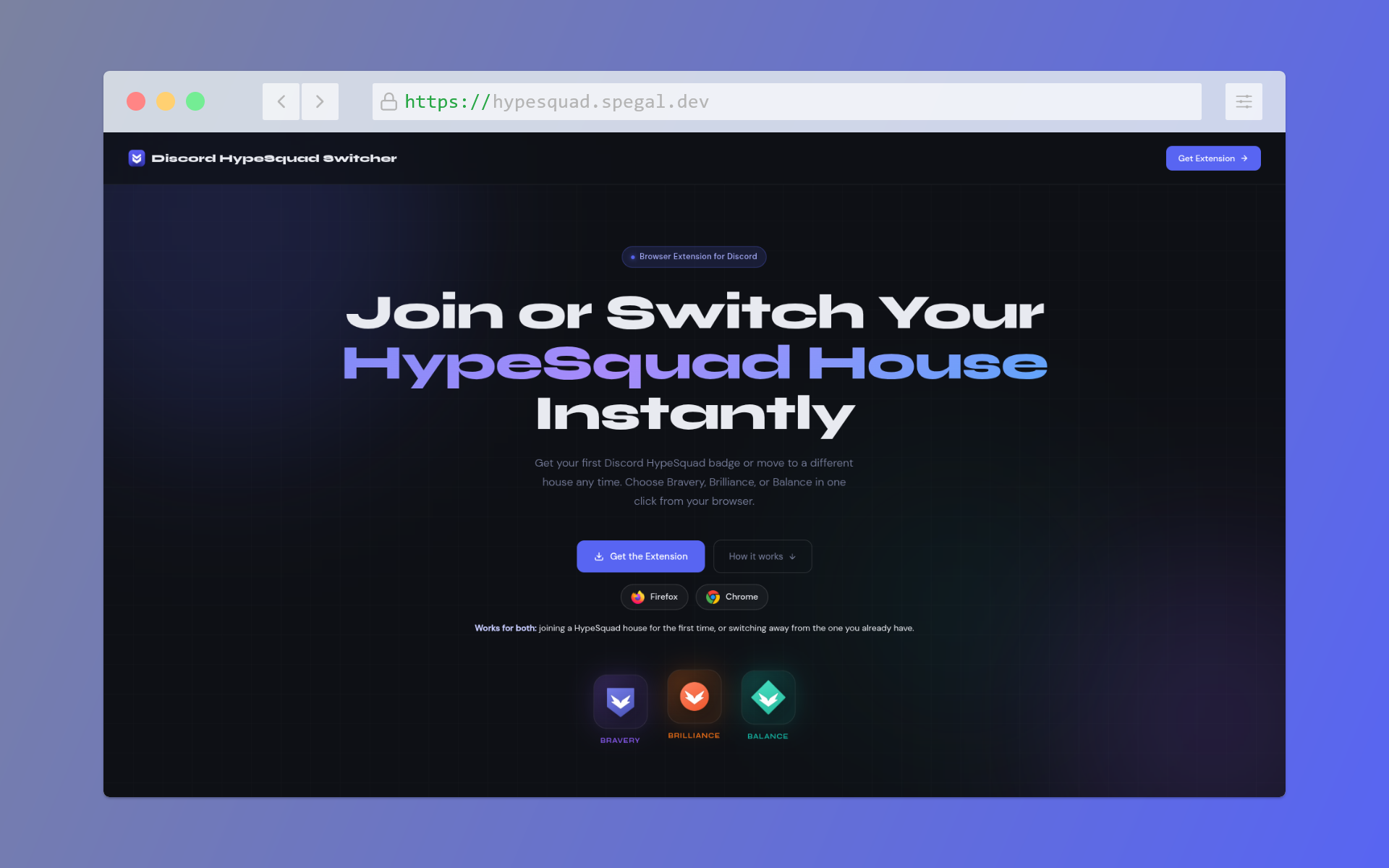 Discord HypeSquad Switcher website featuring Bravery, Brilliance, and Balance houses