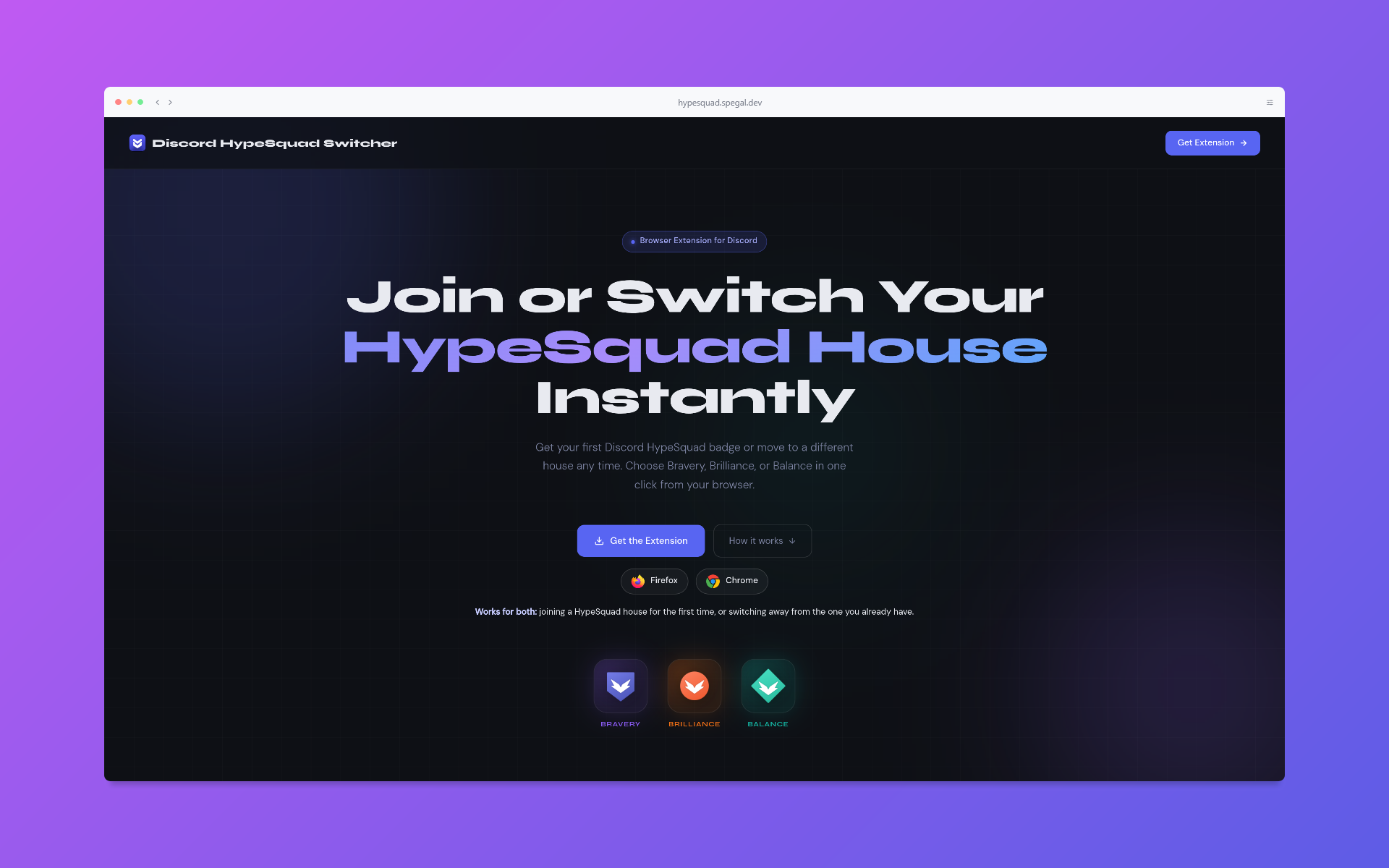Discord HypeSquad Switcher website featuring Bravery, Brilliance, and Balance houses